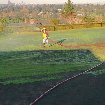Worker spraying liquid on grass with hose in park.