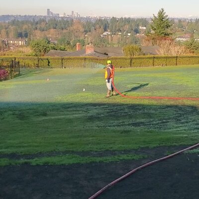 Worker watering grass in park with city skyline in background.