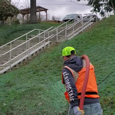 Worker in high-visibility gear with leaf blower near outdoor stairs and greenery.