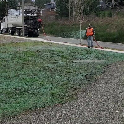 Worker applying hydroseed with hose from truck on grassy area.