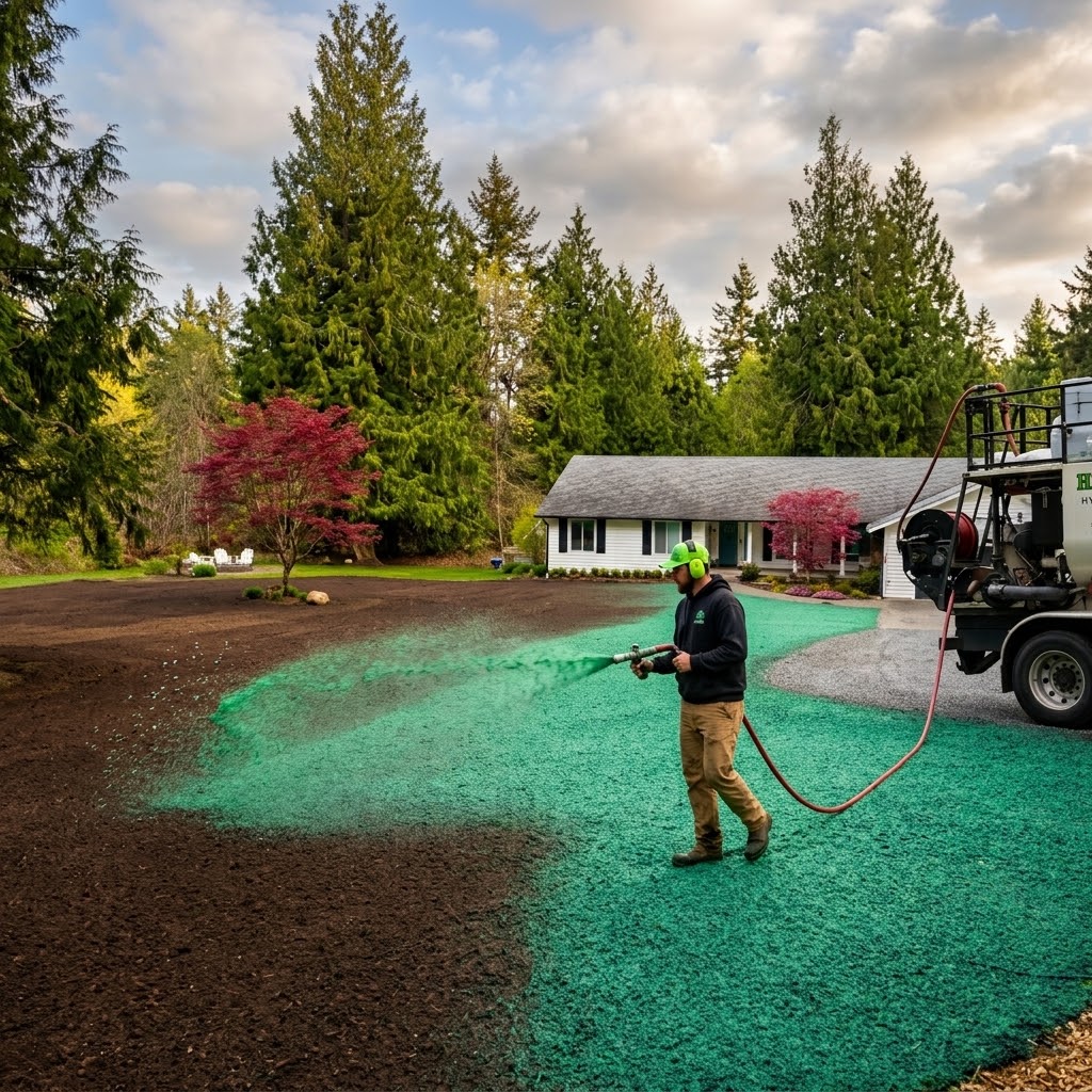 Grass Master crew hydroseeding a residential yard with bright green slurry