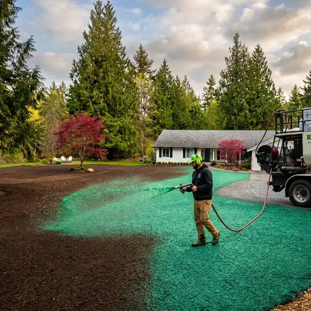 Grass Master crew hydroseeding a residential yard with bright green slurry