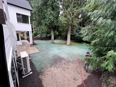 Hydroseeding lawn process beside residential home with a worker operating equipment.