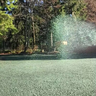 Sprinkler watering grass on sunny day with trees in background.