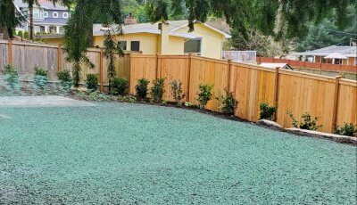 Worker spraying hydroseed mixture on residential lawn.