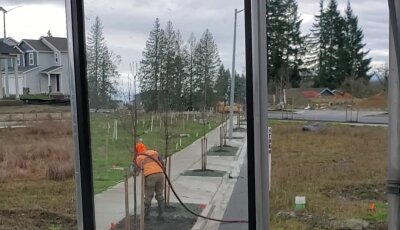 Worker watering newly planted trees on suburban street seen through vehicle mirrors.