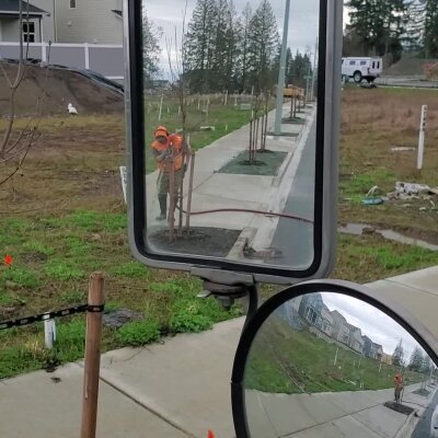 Construction worker reflected in vehicle