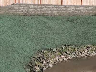 Stone-edged pond in green grassy area with wooden fence and brick wall.