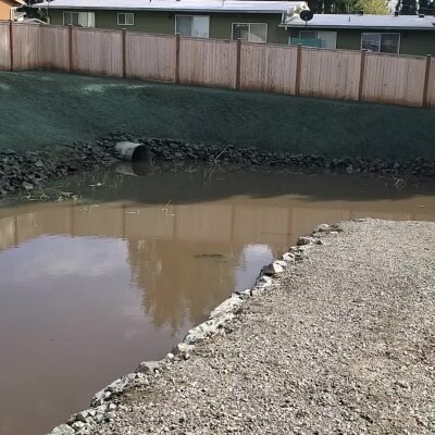 Pond with culvert near residential fence, gravel path in foreground.