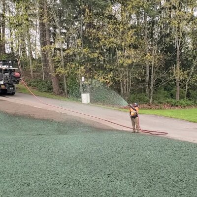 Worker applying hydroseed mix to soil with hose from truck near trees.