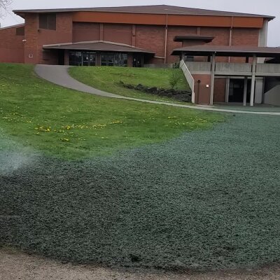 Brick building behind green grassy hill with pathway and yellow flowers.