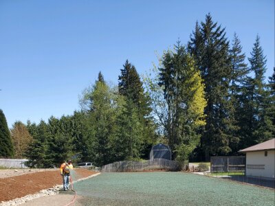 Worker applying hydroseed mixture for erosion control in landscaped area.