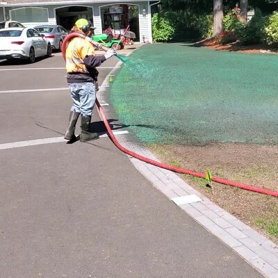 Worker applying hydroseed mix to lawn in residential area.