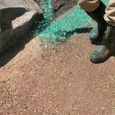 Hydroseeding process with green mulch mixture being applied to soil.