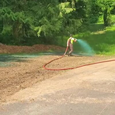 Worker applying green hydroseed mix on soil near wooded area in Washington State.