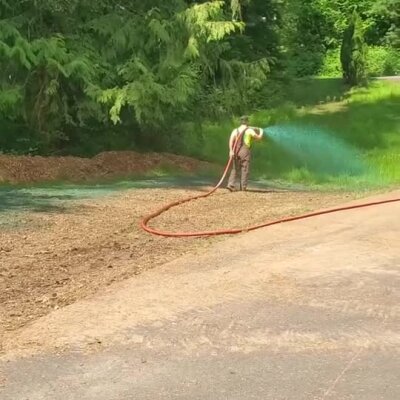 Worker applying hydroseed spray on soil near forested area in Washington state.