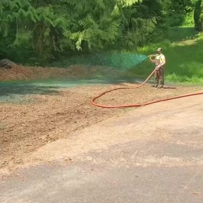 Worker spraying hydroseed mixture on soil near forested area for lawn installation.