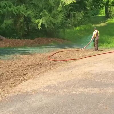 Worker spraying hydroseed mixture on bare soil near forested area.