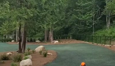 Hydroseed installation in wooded residential backyard with worker in bright safety gear.